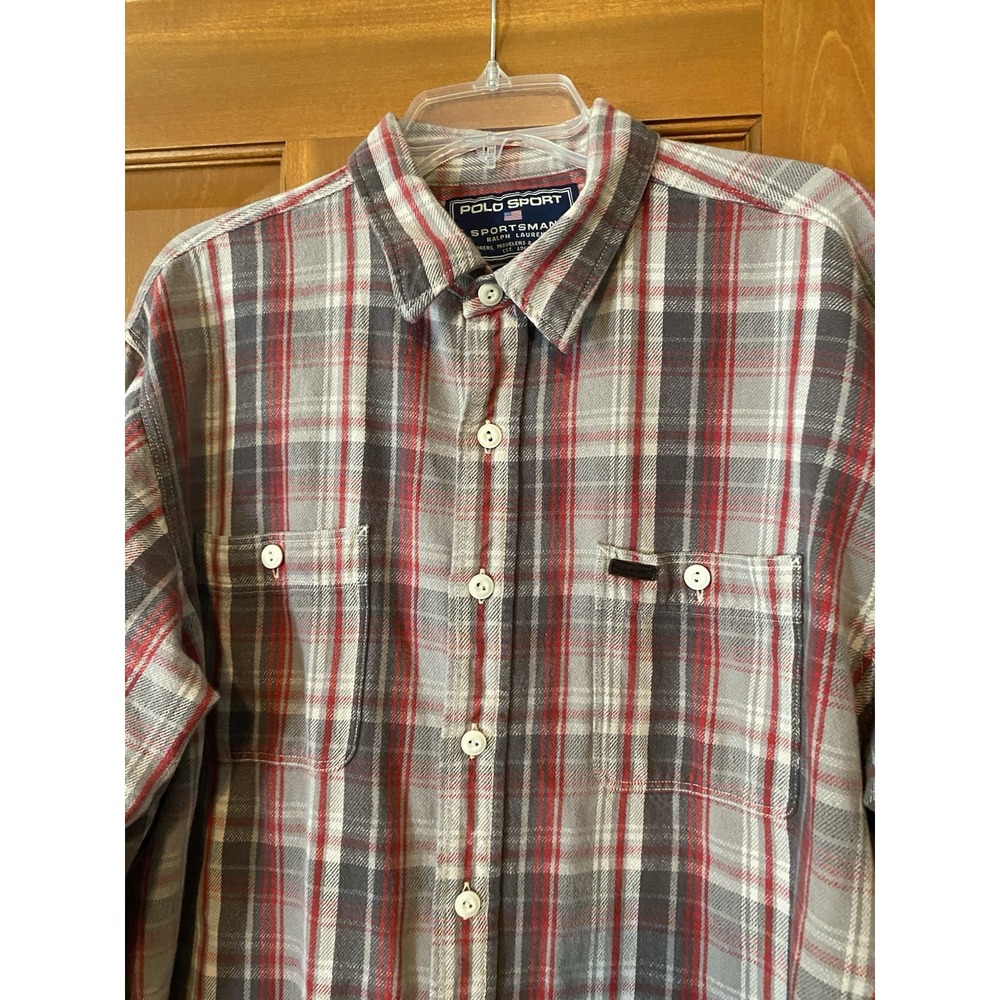 Vtg Polo Sport Sportsman Shirt Men XL Gray Plaid Red Flannel Ralph Lauren 90s